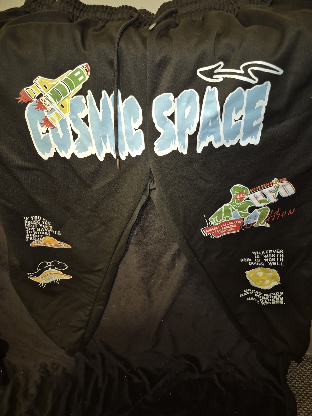 ROMWE Black Cosmic Space Graphic Sweatpants with Multicolor Prints